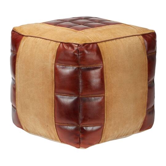 Brown Canvas and Leather Rustic Pouf, 17" x 20" x 20"